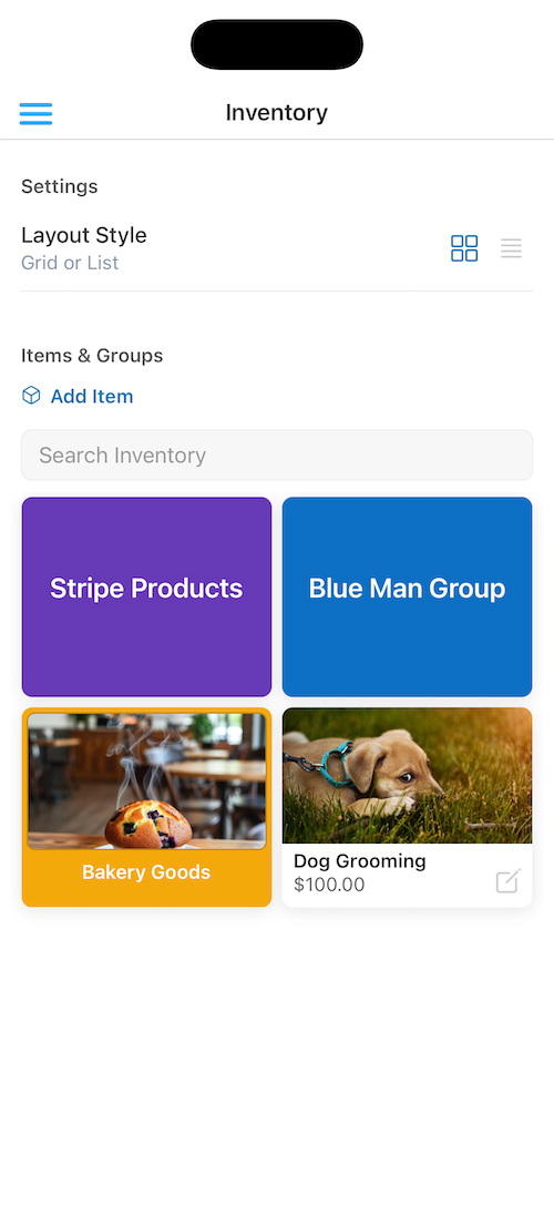 Inventory screen showing Groups and Items in grid view