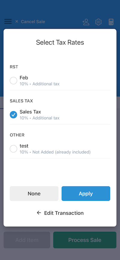 Tax selection overlay during payment processing