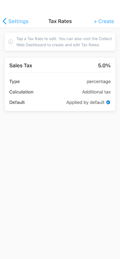 Tax Rate Settings screen in Collect