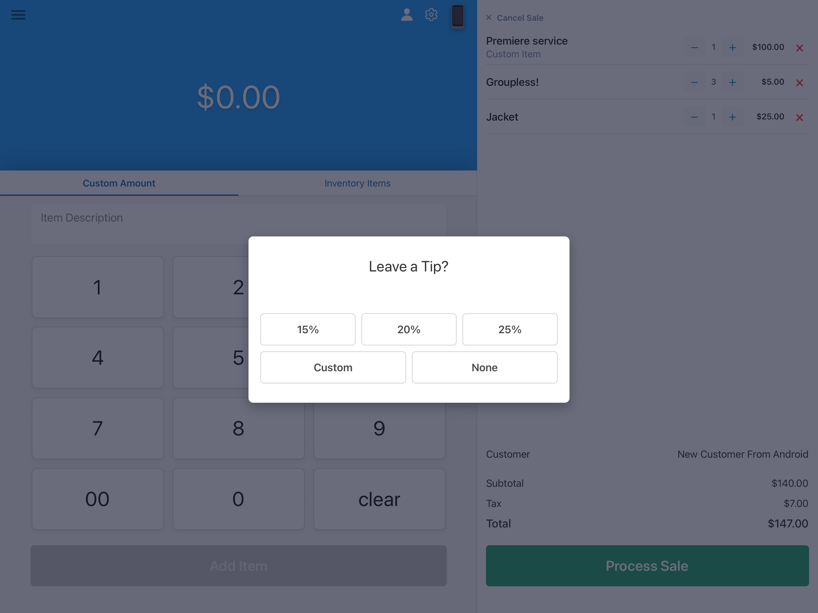 Tipping settings screen