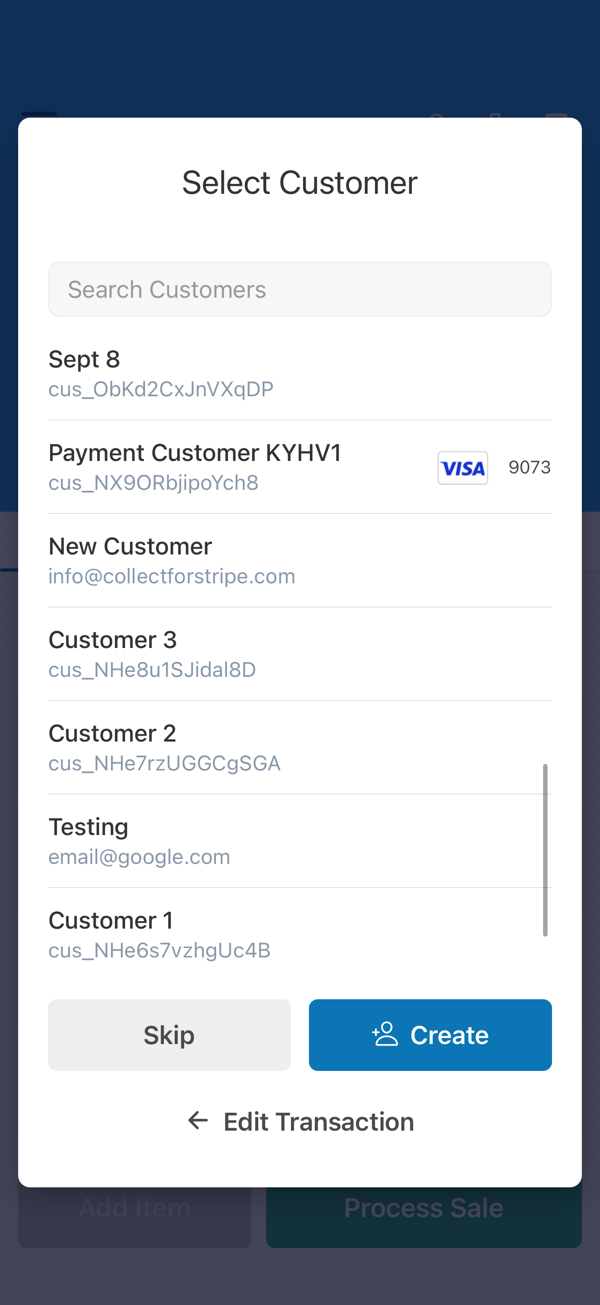 Select customer screen during payment flow